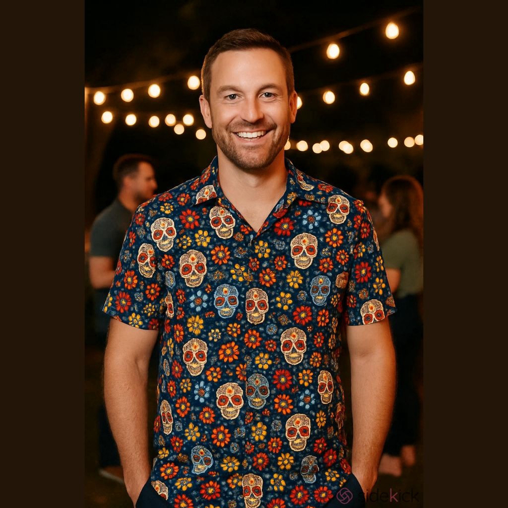 Men's Atlanl 3XL Navy Multi-color Sugar Skull Casual Button Down Shirt